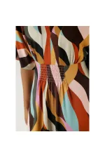 Kadın Büyük Beden Renkli, Ön Gipe Lastik Detaylı Yarasa Kol, Desenli Uzun Elbise 65N38811