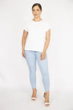 Kadın Pembe Büyük Beden Pamuk Kumaş Kendinden Desenli Düşük Kol Bluz