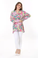 Kadın Büyük Beden Renkli Dokuma Viskon Kumaş Yan Yırtmaçlı V Yakalı Tunik 65N37789