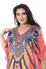 Kadın Büyük Beden Renkli Taş Detaylı Astarsız Şifon Kap 65N38322