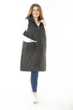 Kadın Büyük Beden Haki Ön Dermuarlı Kapşonlu Kapitone Astarlı Uzun Mont 65N37107