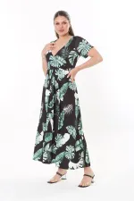 Kadın Büyük Beden Yeşil Anvelop Yakalı Uzun Elbise 65N37735