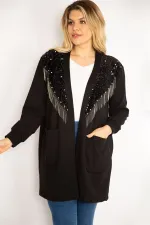 Kadın Siyah Payet Ve Zincir Aksesuarlı Astarsız Ceket 65N35139