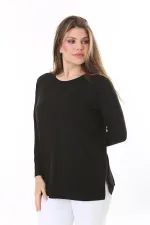 Kadın Büyük Beden Siyah Önü Taş Ve Sırtı Dantel Detaylı Uzun Kollu Bluz 65N37803