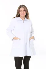 Kadın Büyük Beden Beyaz İçi Şardonlu Ön Fermuarlı 3 İplik Ceket 65N37788