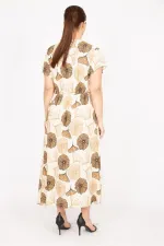 Kadın Bej Büyük Beden Dokuma Viskon Kumaş Eteği Anvelop Beli Lastikli Elbise 65N35832