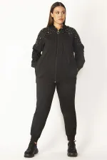 Kadın Siyah Ön Fermuarlı Taş Detaylı Kapşonlu Sweatshirt Pantolon Takım 65N28091
