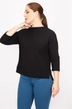 Kadın Kemik Büyük Beden Kapri Kol Kendinden Desenli Yan Yırtmaçlı Bluz