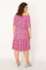 Kadın Fujya Yaka Lastikli Etek Ucu Büzgülü Dokuma Viskon Kumaş Elbise 65N33250