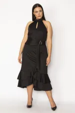 WOMEN'S BLACK HALTERNECK COLLAR DRESS WITH FLOUNCED AND BUCKLE DETAILS AND HIDDEN BACK ZIPPER