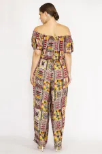 Kadın Bordo Büyük Beden Yaka Beli Lastik Detaylı Dokuma Viskon Kumaş Renkli Tulum