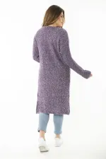 Kadın Büyük Beden Mor Yırtmaçlı Kalın Triko Uzun Hırka 65N37166