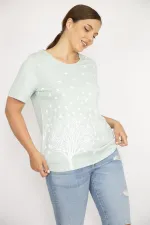 Kadın Yeşil Büyük Beden Pamuk Kumaş Ön Baskılı Kısa Kollu Bluz