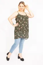 Kadın Haki Büyük Beden Şifon Kumaş Askılı Önü Katlı Bluz 65N35663