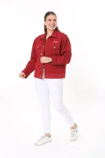 Kadın Büyük Beden Bordo Metal Düğmeli Kup Detaylı Cepli Kot Mont 65N37713