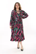 Kadın Büyük Beden Renkli V Yakalı Bürümcük Kumaş Uzun Kollu Katlı Elbise 65N37621