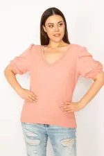 Kadın Gül Kurusu Yaka Ve Kol Ağzı Dantel Detaylı Likralı Gofre Kumaş Bluz 65N33320