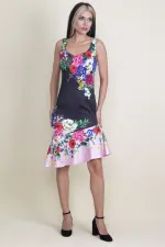 ETEĞİ VOLANLI ÇİÇEK DESENLİ ELBİSE