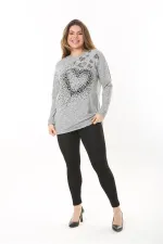 Kadın Büyük Beden Gri Önü Taş Detaylı Yün Viskon Bluz 65N37501