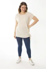 Kadın Büyük Beden Vizon Etek Ucu Bağcıklı Düşük Kollu Bluz 65N37031