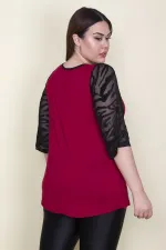 Kadın Bordo Kolları Flok Tül Detaylı Viskon Bluz 65N25580