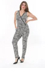 Kadın Büyük Beden Siyah Anvelop Yakalı Desenli Tulum 65N37775