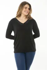 Kadın Büyük Beden Saks V Yakalı Taş Detaylı Uzun Kollu Bluz 65N37153