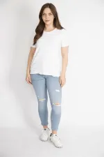 Kadın Beyaz Büyük Beden Pamuklu Kumaş Bisiklet Yakalı Kısa Kollu Bluz