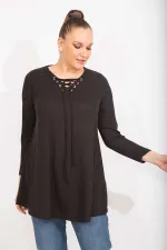 Kadın Antrasit Rahat Kesim Kaşkorse Kumaş Yakası Kuşgözü Bağcık Detaylı Uzun Tunik 65N35499