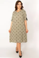 Kadın Haki Dokuma Viskon Kumaşv Yaka Dantel Detaylı Elbise 65N33533