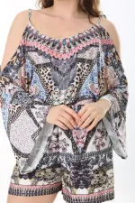 Kadın Büyük Beden Renkli Omuz Dekolteli Şort Tulum 65N37993