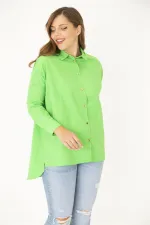 Kadın Büyük Beden Yeşil Ön Düğmeli Yan Yırtmaçlı Gömlek 65N37036