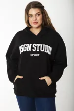 Women's Plus Size Black Embroidered Inside and Hooded Detailed Sweatshirt 65N37203