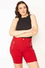 Kadın Bordo Likralı Bengalin Kumaş Fermuar Detaylı Şort 65N32696