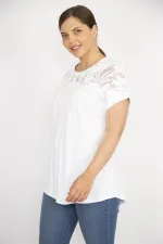 Kadın Beyaz Büyük Beden Pamuk Kumaş Robası Tül Aplike Uzun Bluz