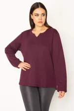 KADIN LACİVERT V YAKALI ARKA ŞERİT DETAYLI KENDİNDEN DESENLİ TUNİK