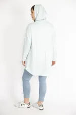 Kadın Bebe Mavisi Büyük Beden Payet Detaylı Kapşonlu Arkası Uzun Sweatshirt