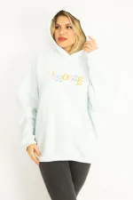 Women's Blue 3-Thread Polar Fleece Embroidery Detailed Hooded Sweatshirt 65N35078