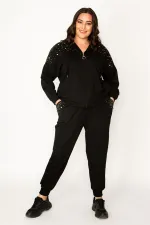 Kadın Siyah İnci Detaylı Kapşonlu Eşofman Takım 65N30435