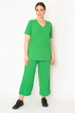 Kadın Fujya Kaşkorse Örme Beli Lastikli Geniş Paçalı Pantolon V Yakalı Bluz Takım 65N32939