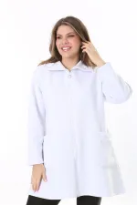 Kadın Büyük Beden Beyaz İçi Şardonlu Ön Fermuarlı 3 İplik Ceket 65N37788