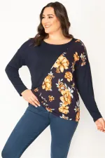 Kadın Lacivert Çieçk Desenli Bisiklet Yaka Tunik 65N30415