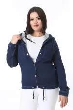Women's Plus Size Navy Blue Snap Button Hooded Denim Coat 65N38380