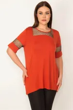 KADIN ORANJ FİLE DETAYLI VİSKON BLUZ