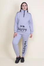 Kadın Gri Pat Fermuar Detaylı Şardonlu Baskılı Eşofman Takım 65N21019