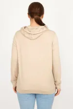 Kadın Vizon Büyük Beden Kapşonlu Baskı Ve Taş Detaylı Sweatshirt