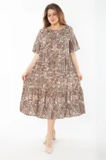 Kadın Büyük Beden Renkli Yaka Lastikli Dokuma Viskon Kumaş Katlı Elbise 65N37349