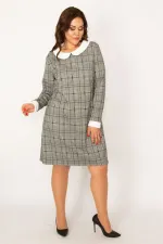 KADIN GRİ BEBE YAKA EKOSE DESENLİ ELBİSE