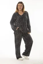 Kadın Büyük Beden Kemik Dokuma Viskon Kumaş Ön Fermuarlı Bluz Pantolon İkili Takım 65N37005