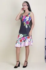 ETEĞİ VOLANLI ÇİÇEK DESENLİ ELBİSE